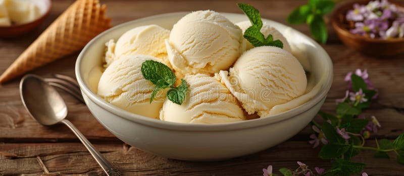 A bowl filled with vanilla ice cream balls topped with fresh mint leaves, placed next to a silver spoon on a table. AI generated. A bowl filled with vanilla ice cream balls topped with fresh mint leaves, placed next to a silver spoon on a table. AI generated