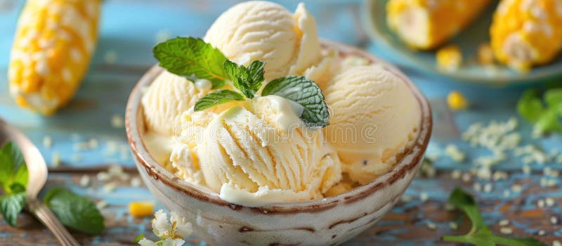 A bowl filled with creamy ice cream topped with a fresh sprig of mint for added flavor. AI generated. A bowl filled with creamy ice cream topped with a fresh sprig of mint for added flavor. AI generated