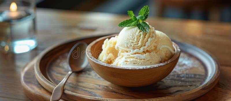 A bowl filled with soy ice cream topped with a fresh mint leaf, ready to be enjoyed. AI generated. A bowl filled with soy ice cream topped with a fresh mint leaf, ready to be enjoyed. AI generated