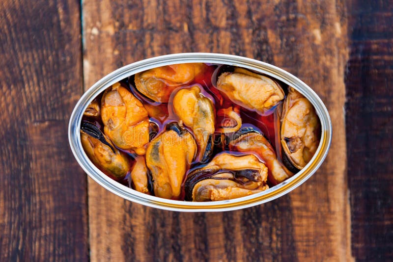 Can of canned mussels. Healthy meal. Can of canned mussels. Healthy meal