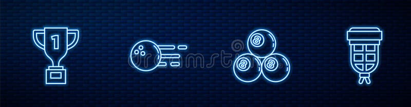 μπόουλινγκ και τσέπη για το βραβείο line billiard. λάμψη εικονιδίου νέον στον τοίχο τούβλου. διάνυσμα απεικόνιση αποθεμάτων