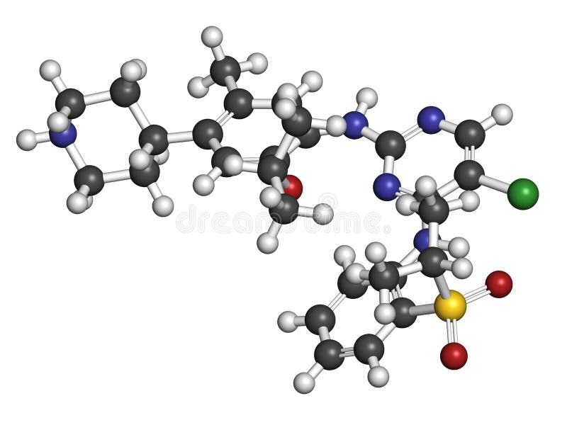 Ceritinib cancer drug molecule. ALK inhibitor used in treatment of metastatic non-small cell lung cancer. Atoms are represented as spheres with conventional color coding: hydrogen (white), carbon (grey), oxygen (red), sulfur (yellow), chlorine (green. Ceritinib cancer drug molecule. ALK inhibitor used in treatment of metastatic non-small cell lung cancer. Atoms are represented as spheres with conventional color coding: hydrogen (white), carbon (grey), oxygen (red), sulfur (yellow), chlorine (green