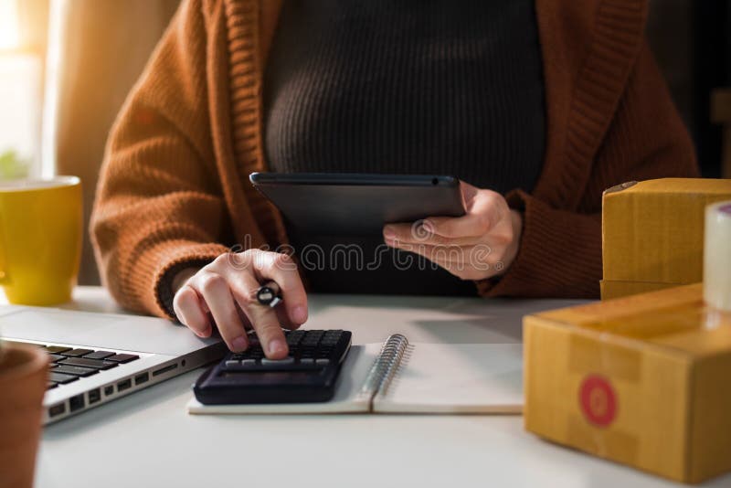 Νέα γυναίκα επιχειρηματίας που εργάζεται στο σπίτι για τη σε απευθείας σύνδεση επιχείρηση στοκ φωτογραφίες Νέα γυναίκα επιχειρηματίας που εργάζεται στο σπίτι για τη σε απευθείας σύνδεση επιχείρηση στοκ φωτογραφίες