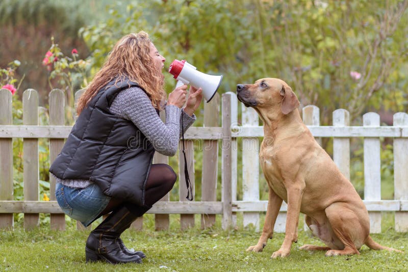 Νέα γυναίκα που μιλά στο σκυλί της megaphone