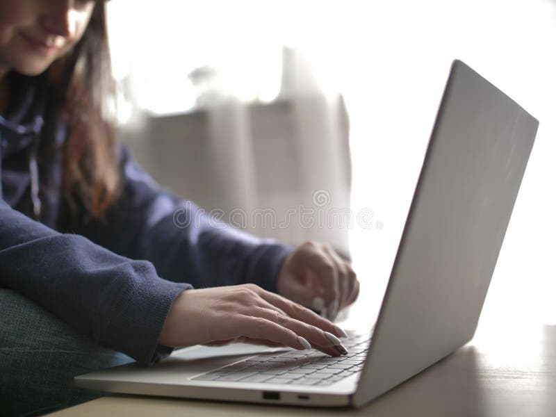 Νέα δακτυλογράφηση γυναικών σε ένα lap-top καθμένος στο σπίτι σε έναν καναπέ στοκ εικόνες Νέα δακτυλογράφηση γυναικών σε ένα lap-top καθμένος στο σπίτι σε έναν καναπέ στοκ εικόνες