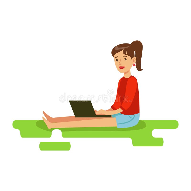 Νέα συνεδρίαση γυναικών στο πάτωμα με το lap-top της, ζωηρόχρωμη διανυσματική απεικόνιση χαρακτήρα διανυσματική απεικόνιση
