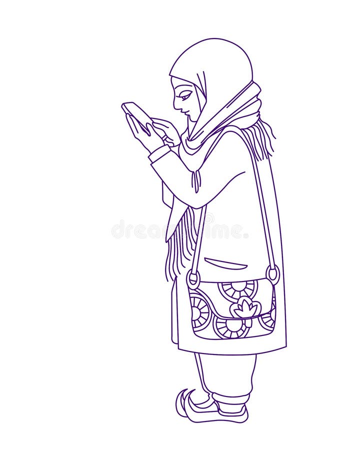 young eastern cute muslim girl in hijab with bag & smartphone, sends sms, color vector illustration with blue ink contour lines isolated on white background in hand drawn and cartoon style. young eastern cute muslim girl in hijab with bag & smartphone, sends sms, color vector illustration with blue ink contour lines isolated on white background in hand drawn and cartoon style