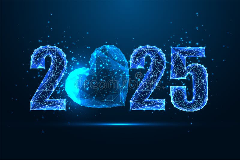 Νέο έτος 2025 με λαμπερό ψηφίο 2025 και σύμβολο καρδιάς σε μπλε φόντο. ιδέα γιορτή αγάπης. αγάπη γιορτή μοντέρνος σχεδιασμός και συναισθηματική σύνδεση. λάμψη στυλ χαμηλού πολυγώνου. απεικόνιση αφηρημένου διανύσματος.