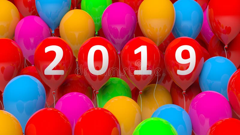 Νέο έτος 2019 στο ζωηρόχρωμο υπόβαθρο μπαλονιών τρισδιάστατη απεικόνιση απεικόνιση αποθεμάτων Νέο έτος 2019 στο ζωηρόχρωμο υπόβαθρο μπαλονιών τρισδιάστατη απεικόνιση απεικόνιση αποθεμάτων
