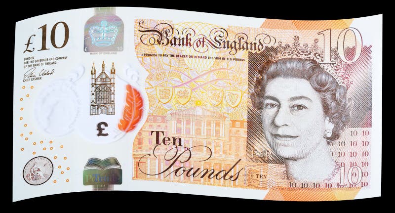 Latest edition of UK Polymer Ten Pound Note on black background. Latest edition of UK Polymer Ten Pound Note on black background