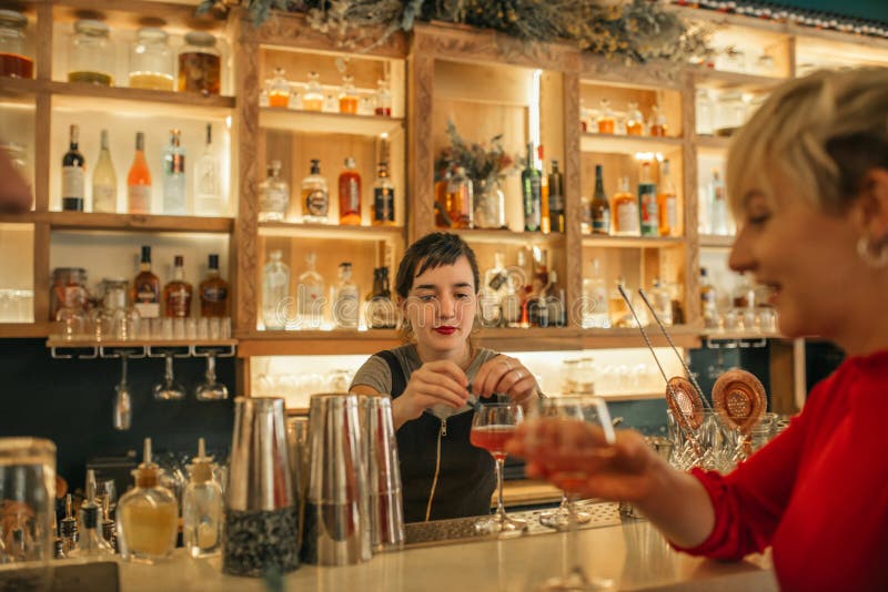 Νέο θηλυκό bartender που κατασκευάζει τα κοκτέιλ πίσω από έναν μετρητή φραγμών στοκ εικόνες Νέο θηλυκό bartender που κατασκευάζει τα κοκτέιλ πίσω από έναν μετρητή φραγμών στοκ εικόνες