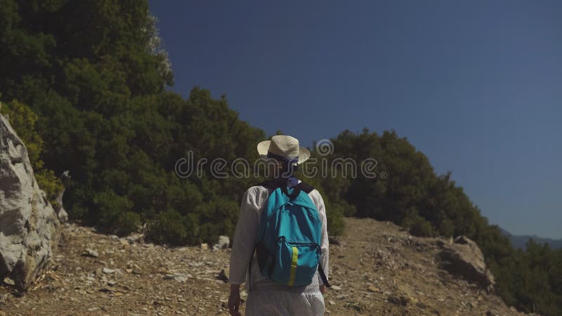 Νέο κορίτσι τουριστών στο καπέλο και με το σακίδιο πλάτης που χαμογελά και που περπατά κατά μήκος του ίχνους μεταξύ της όμορφης φ στοκ φωτογραφίες με δικαίωμα ελεύθερης χρήσης Νέο κορίτσι τουριστών στο καπέλο και με το σακίδιο πλάτης που χαμογελά και που περπατά κατά μήκος του ίχνους μεταξύ της όμορφης φ στοκ φωτογραφίες με δικαίωμα ελεύθερης χρήσης