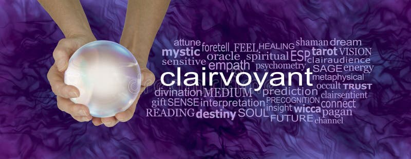 Female hands holding a large crystal ball beside the word CLAIRVOYANT surrounded by a relevant word cloud. Female hands holding a large crystal ball beside the word CLAIRVOYANT surrounded by a relevant word cloud