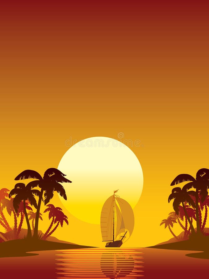 Summer scene: sailing yacht, sunset and island with palms. Summer scene: sailing yacht, sunset and island with palms