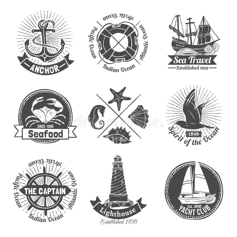 Nautical labels set with seafood and yacht club emblems isolated vector illustration. Nautical labels set with seafood and yacht club emblems isolated vector illustration