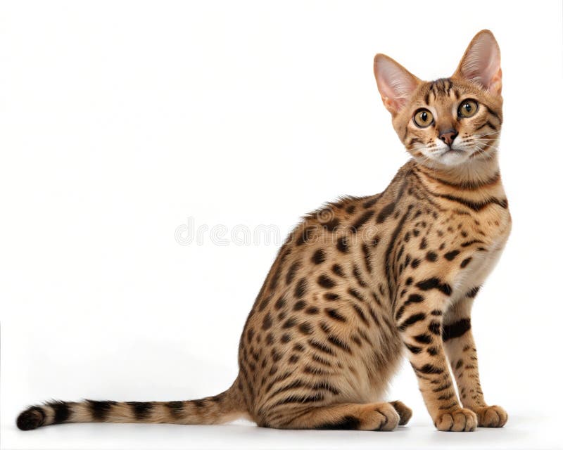 νεαρή γάτα ocicat που κάθεται σε λευκό φόντο. πορτραίτο της γάτας ocicat απομονωμένο σε λευκό διανυσματική απεικόνιση