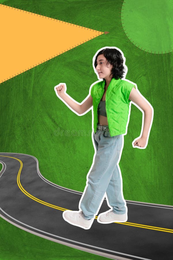 Creative photo, collage, young girl on colorful background, she is walking on a road in cartoon, banner for social networks. Creative photo, collage, young girl on colorful background, she is walking on a road in cartoon, banner for social networks