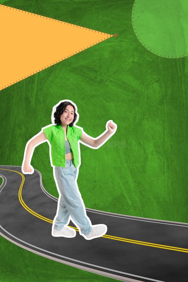 Creative photo, collage, young girl on colorful background, she is walking on a road in cartoon, banner for social networks. Creative photo, collage, young girl on colorful background, she is walking on a road in cartoon, banner for social networks