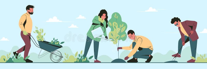 Young volunteers plant trees in city park in the spring. Group people work together to improve the environment. Flat vector illustration. Young volunteers plant trees in city park in the spring. Group people work together to improve the environment. Flat vector illustration