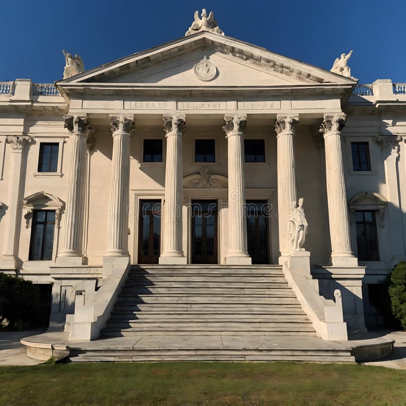Νεοκλασική Βιβλιοθήκη με Μεγάλες Δασικές Στήλες και Παιδικά Αγάλματα ελεύθερη απεικόνιση δικαιώματος