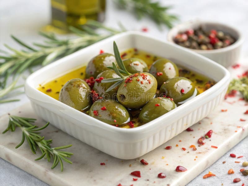 Νοστιμότατες πράσινες ελιές σε λάδι με δενδρολίβανο και μπαχαρικά ένα μεσογειακό σνακ για ορεκτικό ελεύθερη απεικόνιση δικαιώματος
