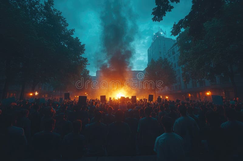 Νυχτερινές διαδηλώσεις Πλήθος Φλεγόμενο Κτίριο Οδός απεικόνιση αποθεμάτων
