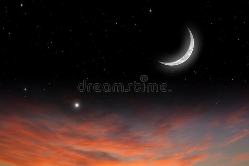 Peaceful background, sunset sky with moon, stars, red clouds. Elements of this image furnished by NASA. Peaceful background, sunset sky with moon, stars, red clouds. Elements of this image furnished by NASA