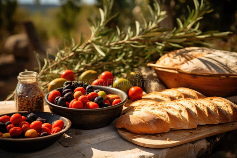 νωπά λαχανικά και ψωμί στο τραπέζι στη φύση. γενική ai στοκ εικόνες