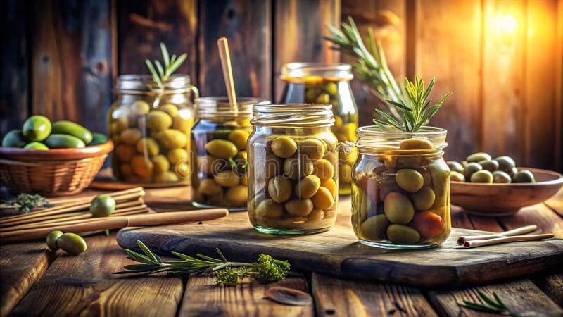 Νωπές πράσινες ελιές σε γυάλινα βάζα έτοιμα για ξύλινα σκητσάκια πάνω σε ένα ορθογραφικό τραπέζι Μια μεσογειακή εικόνα ορεκτικό διανυσματική απεικόνιση