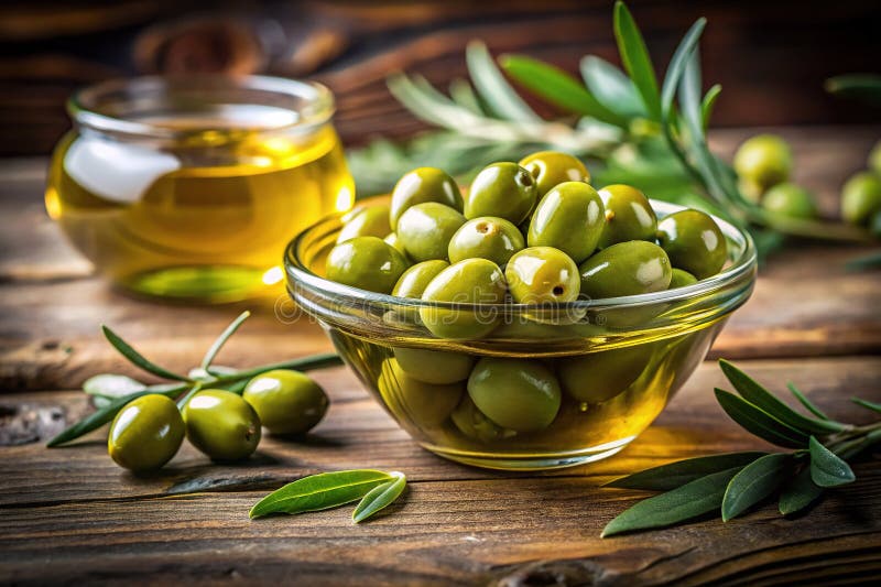 Νωπές πράσινες ελιές σε γυάλινο μπολ Ζωηρά μεσογειακά ορεκτικά για υγιεινή διατροφή απεικόνιση αποθεμάτων