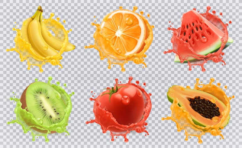 Orange, kiwi fruit, banana, tomato, watermelon and papaya juice. Fresh fruits and splashes, 3d vector icon set. Orange, kiwi fruit, banana, tomato, watermelon and papaya juice. Fresh fruits and splashes, 3d vector icon set