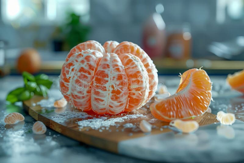 φρέσκο αποφλοιωμένο tangerine σε ξύλινη σανίδα τεμαχισμού με ζάχαρη και τμήματα εσπεριδοειδών σε χώρους κουζίνας