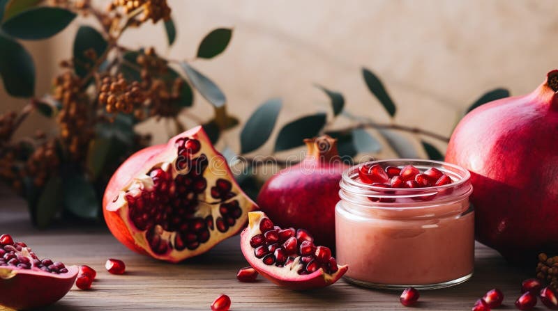 νωπό ρόδερμα και κρέμα ροδιού από ανοξείδωτο γυαλί με φυλλώδες σε ξύλινο φόντο απεικόνιση αποθεμάτων