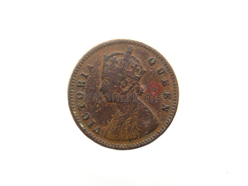 Obverse of old round copper 1/12 annas coin India 1875 with crowned bust left of Queen Victoria on left side on white background. Obverse of old round copper 1/12 annas coin India 1875 with crowned bust left of Queen Victoria on left side on white background.