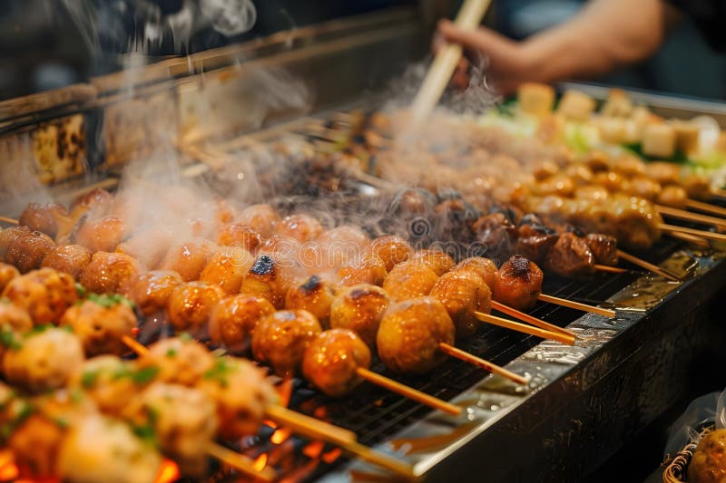 Νόστιμα κεφτεδάκια Savory Street Food Μαγειρική σε ζεστό ψημένο κρέας Κάπνισμα και ζάλη με εξαιρετικές γεύσεις στοκ φωτογραφία με δικαίωμα ελεύθερης χρήσης