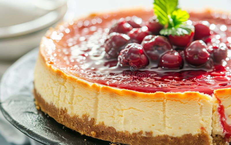 νόστιμα τυριά με γυαλιστερή επικάλυψη κεράσι και σιρόπι που παρουσιάζονται σε πιάτο. στοκ φωτογραφίες