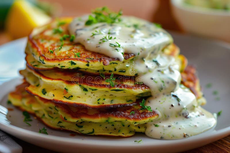 νόστιμες τηγανίτες zucchini με σπιτική σάλτσα κρέμας για νόστιμη στύση απεικόνιση αποθεμάτων