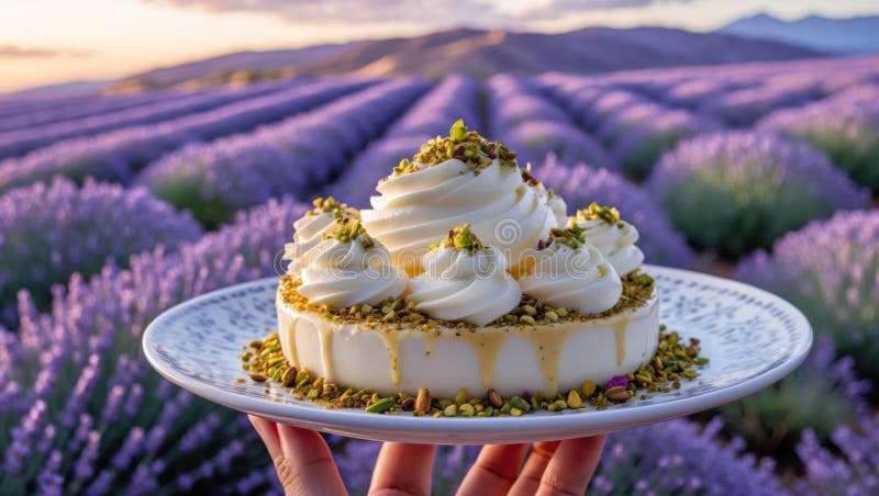 Νόστιμο κέικ κρέμας Pistachio στο Lavender Field στο ηλιοβασίλεμα διανυσματική απεικόνιση