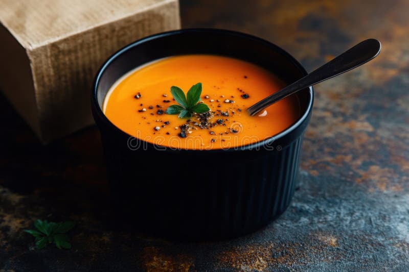 νόστιμο μινιμαλιστικό readtoeat σούπα στο μοντέρνο μαύρο μπολ στοκ εικόνες με δικαίωμα ελεύθερης χρήσης