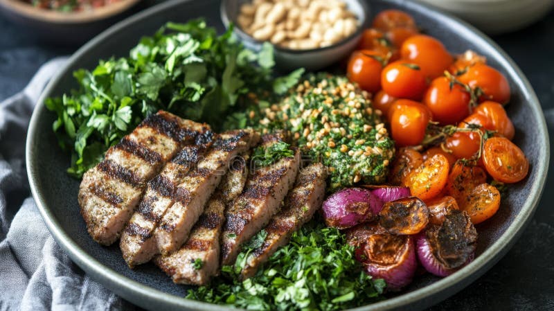νόστιμο πιάτο mezze με τοστ zaatar pita με φρέσκα λαχανικά και βότανα για ένα τέλειο μεσογειακό ορεκτικό ελεύθερη απεικόνιση δικαιώματος