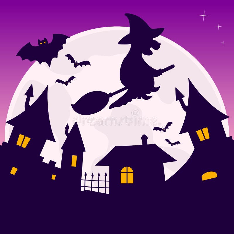 Halloween night scene background with the full moon, bats and a witch flying over a little town. Eps file available. Halloween night scene background with the full moon, bats and a witch flying over a little town. Eps file available.