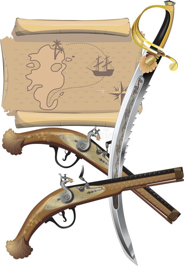 Map, two Pistols, and pirate Sword. Illustration vector and raster. Map, two Pistols, and pirate Sword. Illustration vector and raster