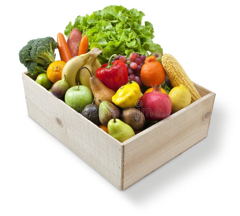 A wood box full fresh of fruit and vegetables on a white background. A wood box full fresh of fruit and vegetables on a white background