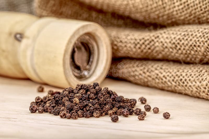 Ξύλινος μύλος πιπεριών και μαύρο peppercorn στοκ φωτογραφία με δικαίωμα ελεύθερης χρήσης