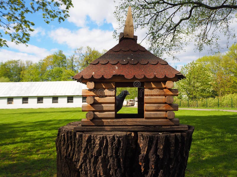 Ξύλινος που χαράζεται birdhouse σε ένα κολόβωμα δέντρων, ένας τροφοδότης για τα πουλιά με ένα περιστέρι σε το στοκ φωτογραφία Ξύλινος που χαράζεται birdhouse σε ένα κολόβωμα δέντρων, ένας τροφοδότης για τα πουλιά με ένα περιστέρι σε το στοκ φωτογραφία