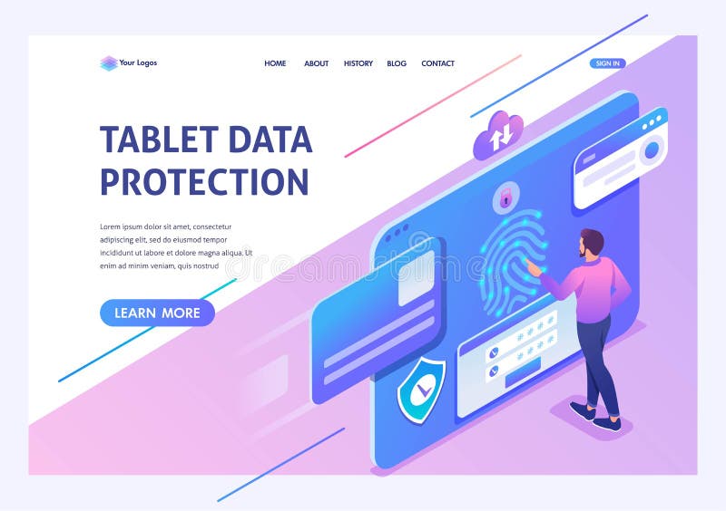 Ο Isometric νεαρός άνδρας έννοιας παρέχει τη προστασία δεδομένων στην ταμπλέτα, τοποθετήσεις αντιιών Προσγειωμένος σελίδα προτύπω διανυσματική απεικόνιση Ο Isometric νεαρός άνδρας έννοιας παρέχει τη προστασία δεδομένων στην ταμπλέτα, τοποθετήσεις αντιιών Προσγειωμένος σελίδα προτύπω διανυσματική απεικόνιση