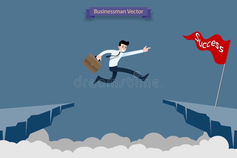 Fearless brave businessman make risk by jump over the ravine, cliff, chasm to reach his success target challenge of his career. Vector illustration design. Fearless brave businessman make risk by jump over the ravine, cliff, chasm to reach his success target challenge of his career. Vector illustration design.