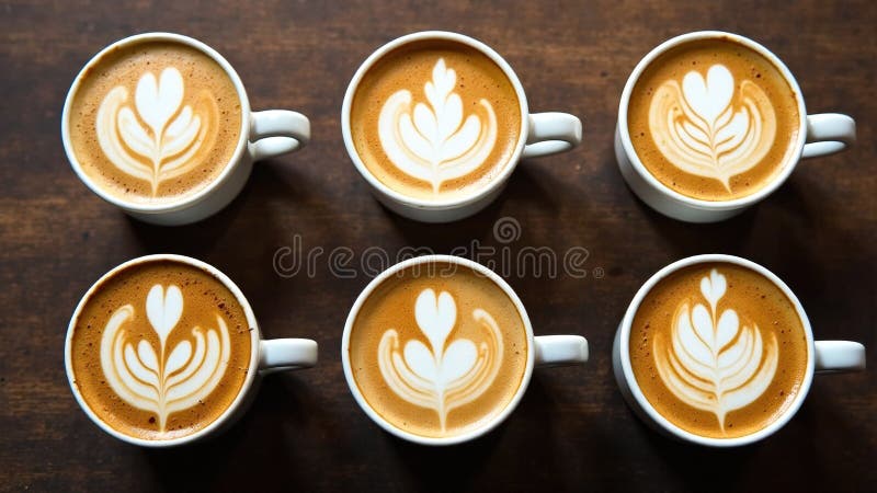 Ο έξοχος καφέ Latte Art μουγκρίζει μια εικόνα από πάνω προς τα κάτω για τις καλλιτεχνικές δημιουργίες καφέ σε ένα στιβαρό ξύλινο φ απεικόνιση αποθεμάτων