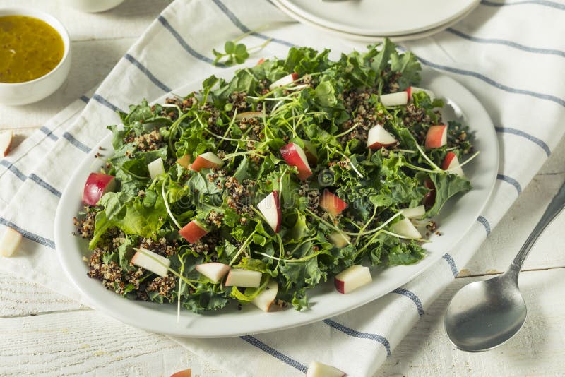 Raw Healthy Organic Kale and Apple Salad with Quinoa and Dressing. Raw Healthy Organic Kale and Apple Salad with Quinoa and Dressing
