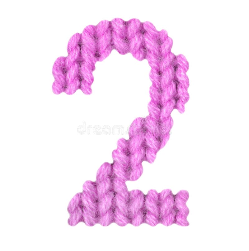 Number 2 two alphabet on a blurry texture knitted pattern of woolen thread closeup. One figure of the alphabet. Education and holidays. Typography design. Color pink. Number 2 two alphabet on a blurry texture knitted pattern of woolen thread closeup. One figure of the alphabet. Education and holidays. Typography design. Color pink